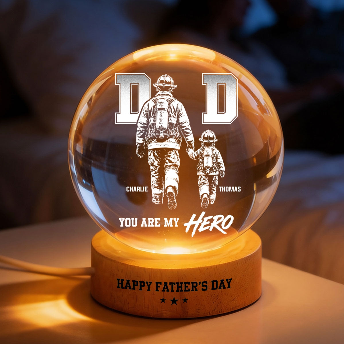 Proud Firefighter Dad You Are Our Hero - Personalized Crystal Ball LED Night Light - Father's Day Gift For Dad, Husband