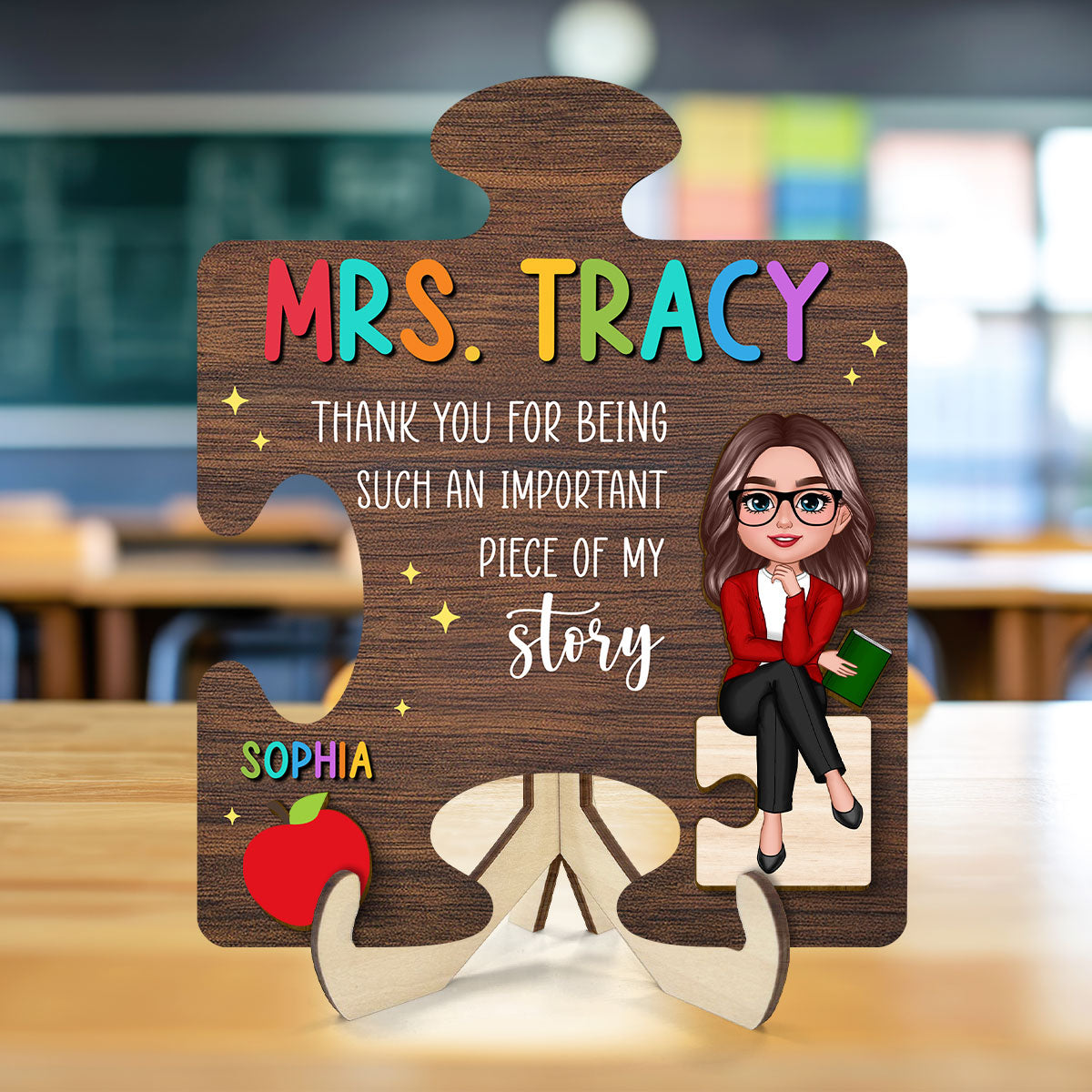 Teacher Thank You For Being Important Piece Of My Story Personalized 2-Layer Wooden Plaque