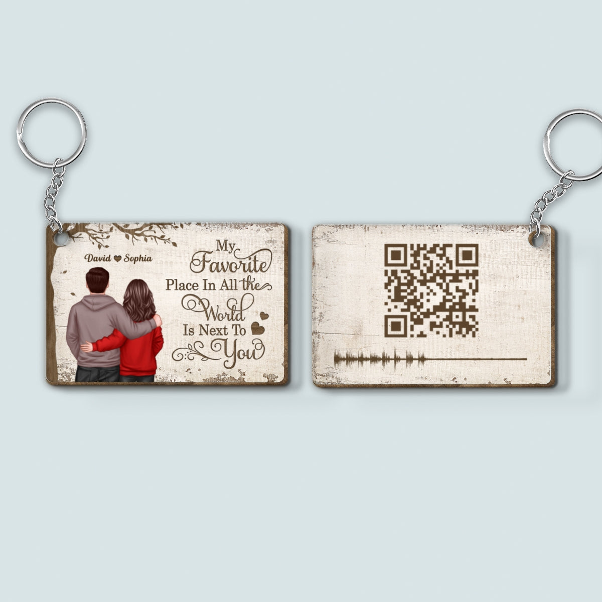 My Favorite Place Couple Back View Personalized Wooden Keychain, Soundwave Art, Custom Your Heartfelt Voice Message for her & for him