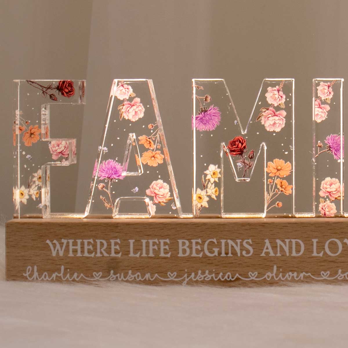 Family Whole Lot Of Love Birth Month Flower Personalized LED Night Light, Christmas Gift For Family, For Husband, Wife, Dad, Mom