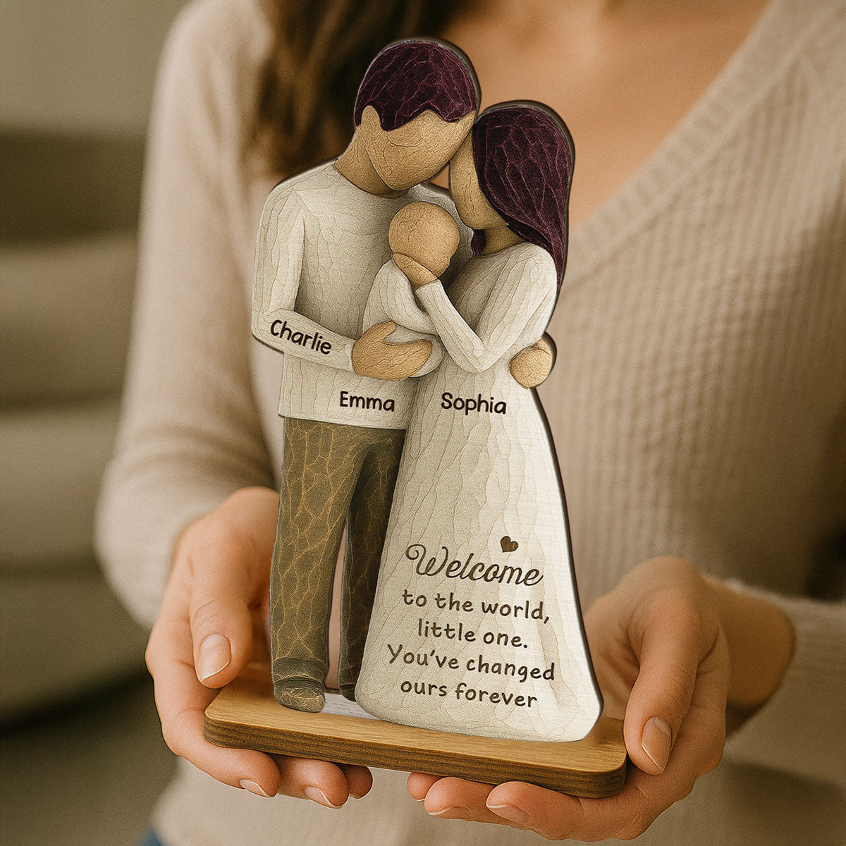 Welcome To The World First Time Parents Couple & Baby 3D Effect Personalized Standing Wooden Plaque, Gift For First Time Parents