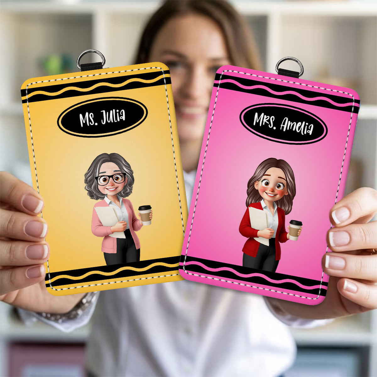 Crayon Themed Cartoon Teacher Personalized ID Badge Holder, Back To School Gift