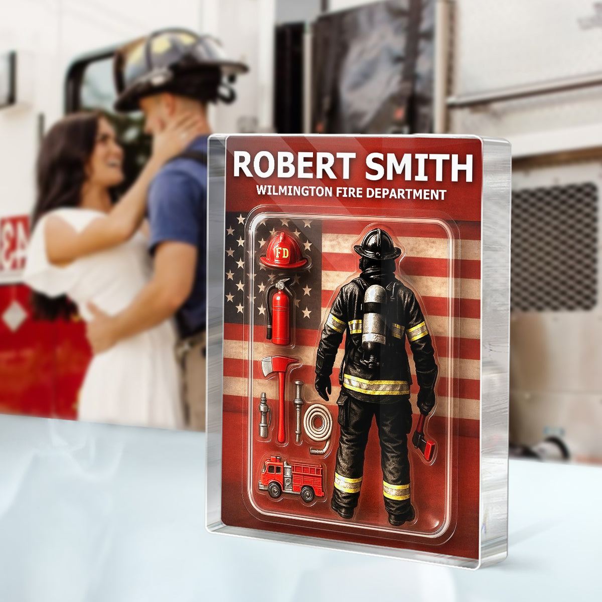 Firefighter Custom Figure Personalized Acrylic Block Plaque, Father's Day Gift for Dad, Gift for Husband