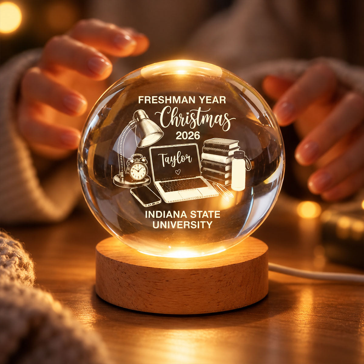 Freshman Year Christmas Study Desk – Personalized Crytal Ball Night Light – College Student Christmas Gift, First Year Keepsake