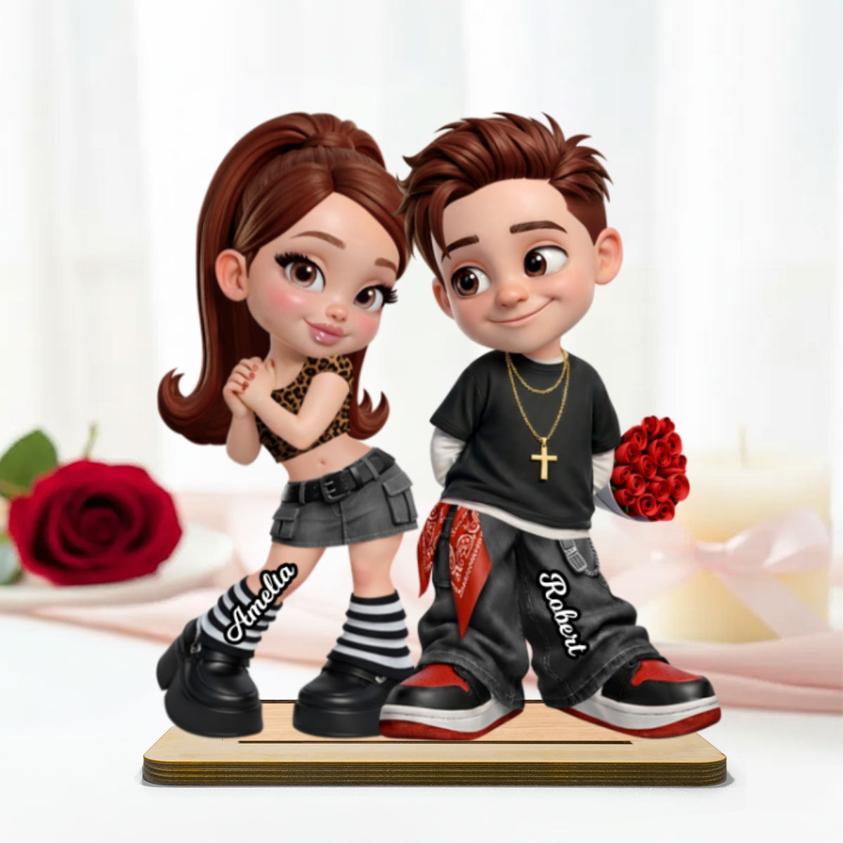 Trendy Y2K Couple - Personalized 2-Layered Wooden Plaque - Heartfelt Valentine's Day Gift For Him, Gift For Her