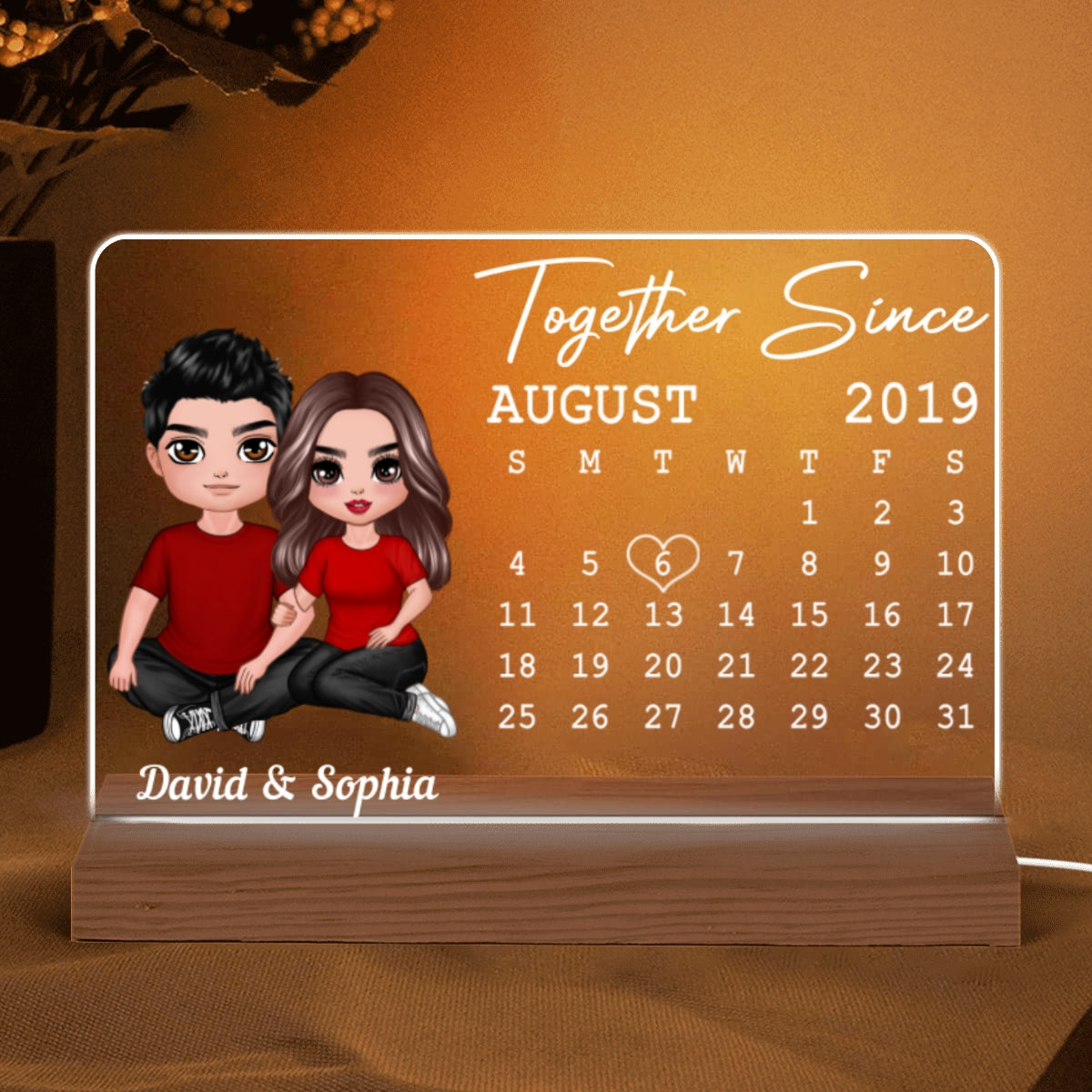 Doll Couple Embracing Sitting Anniversary Date Calendar Rectangle Personalized Custom Shape Acrylic Plaque With LED Night Light - Anniversary Gift For Couple - Gift For Him - Gift For Her