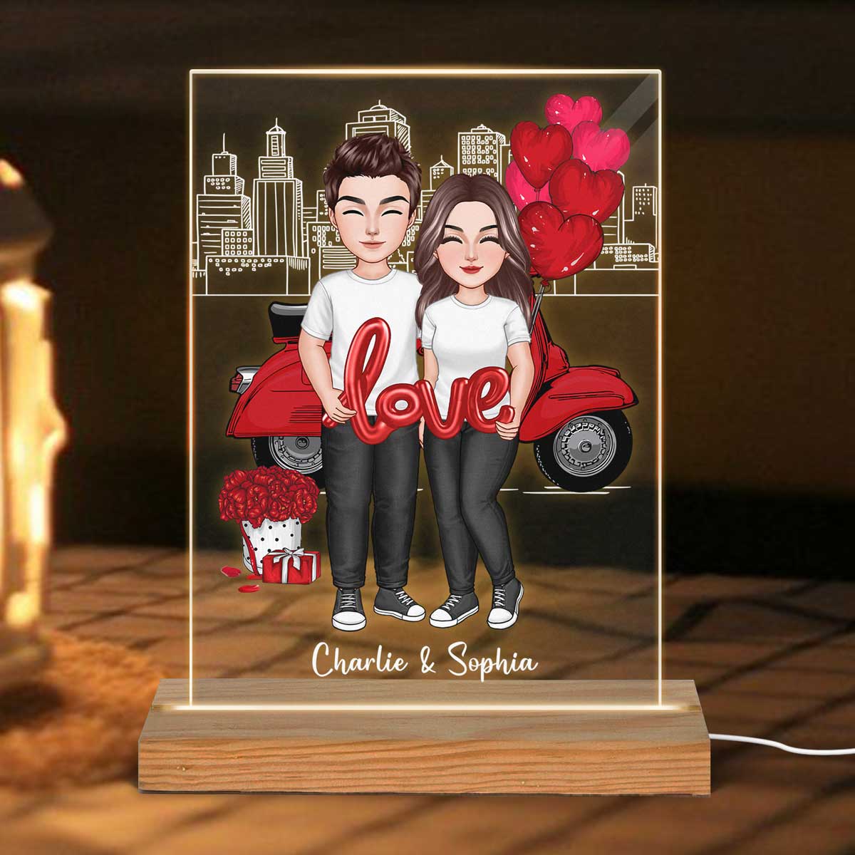 Couple Holding Love Balloon Valentine‘s Day Gift Personalized Rectangle Acrylic LED Night Light