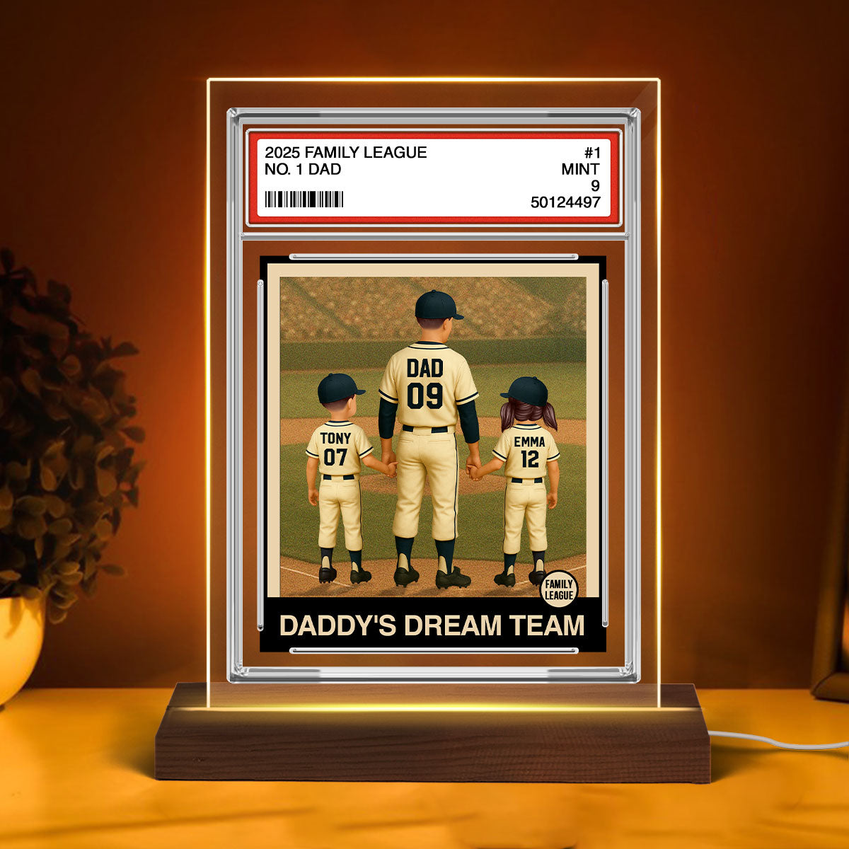 Baseball No. 1 Dad Man & Kids Trading Card Style Personalized Acrylic Plaque With LED Night Light