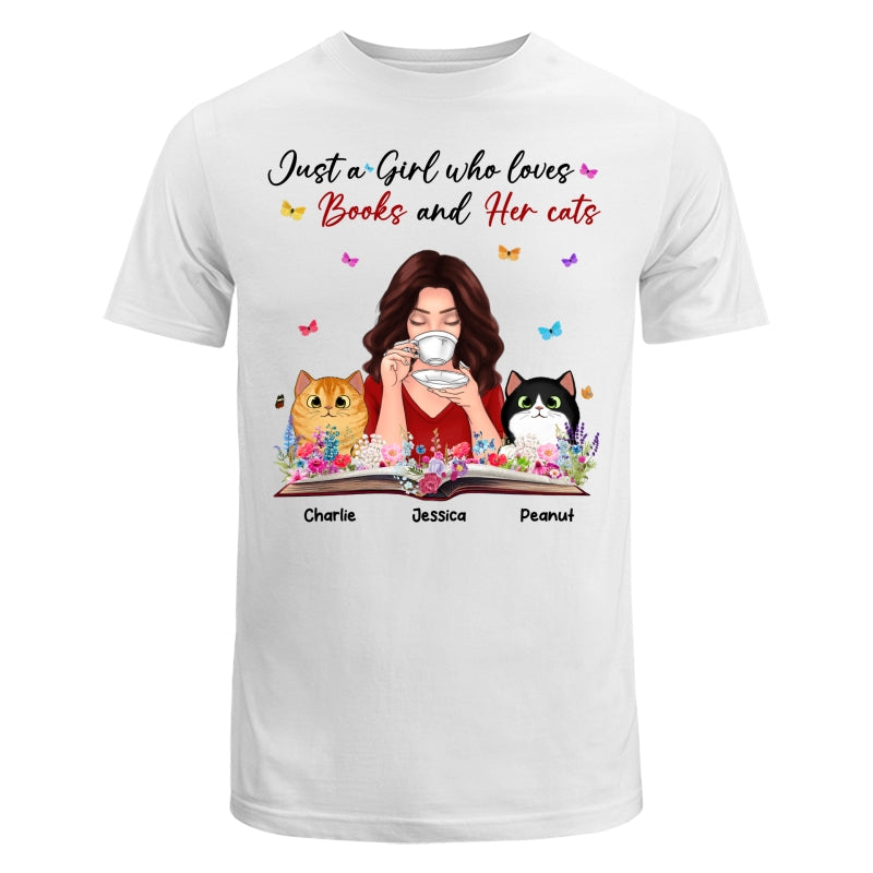 Just A Girl Who Loves Books And Her Cat Coffee Girl With Flowers And Peeking Fluffy Cat Personalized Shirt