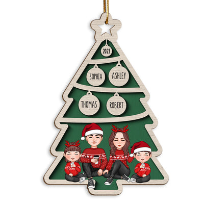 Family Sitting Christmas Tree Bauble Personalized Wooden Ornament