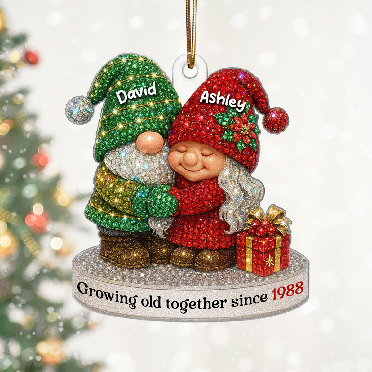 Crystal 3D Effect Gnome Old Couple - Personalized Acrylic Ornament - Christmas Gift for Couple, Husband, Wife