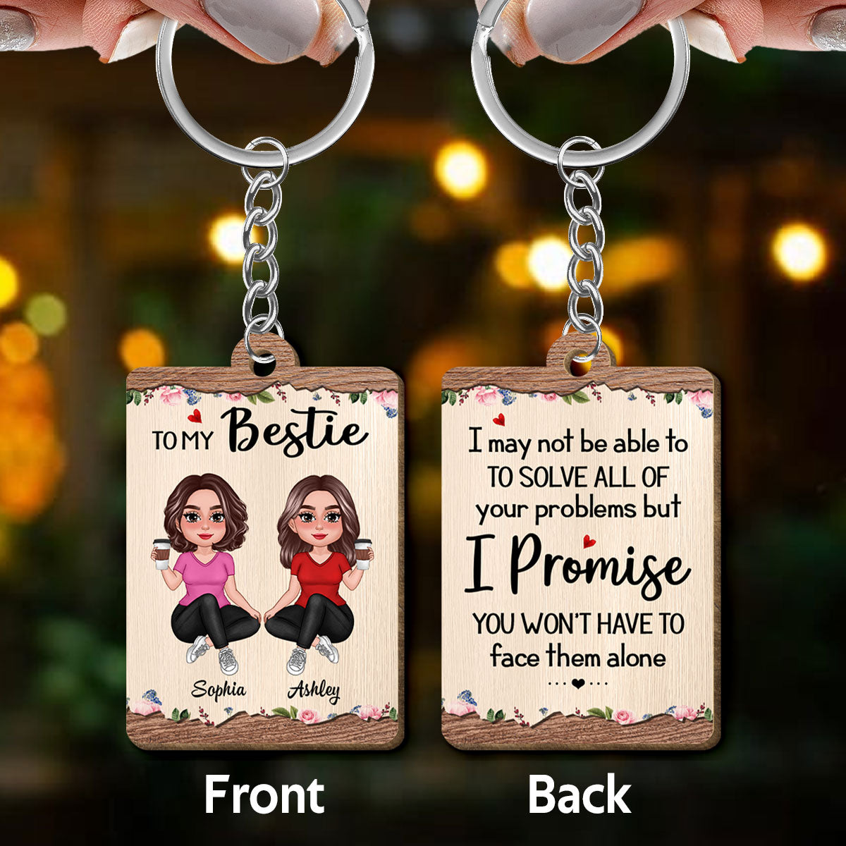 Pretty Besties To My Besties Floral Wooden Personalized Wooden Keychain