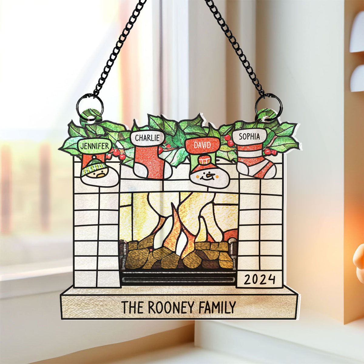 Family Christmas Stockings on Fireplace Personalized Suncatcher, Christmas Stained Glass Decor