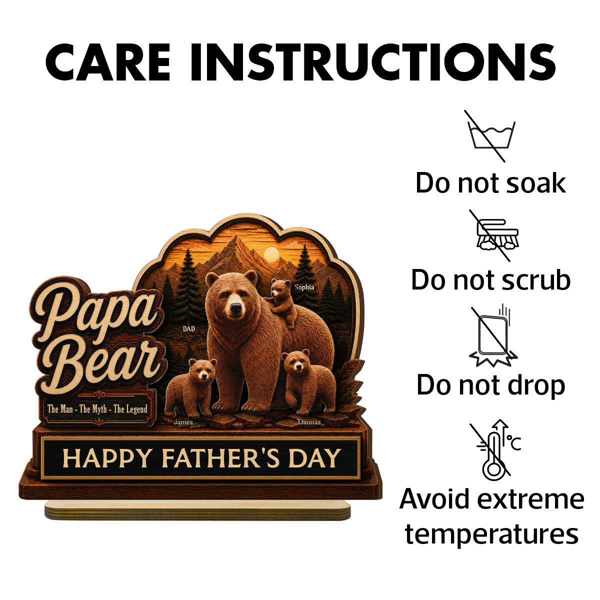 Papa Bear The Man The Myth The Legend 2D Flat - Personalized 2-Layered Wooden Plaque - Father's Day Gift For Husband, Dad