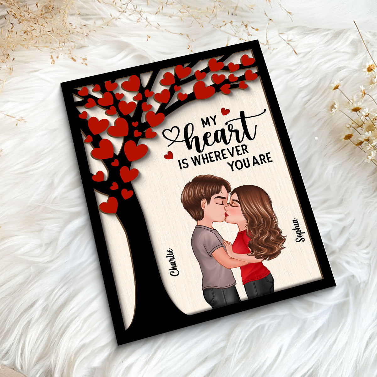 Couple Kissing Under Heart Tree Personalized 2-Layer Wooden Plaque