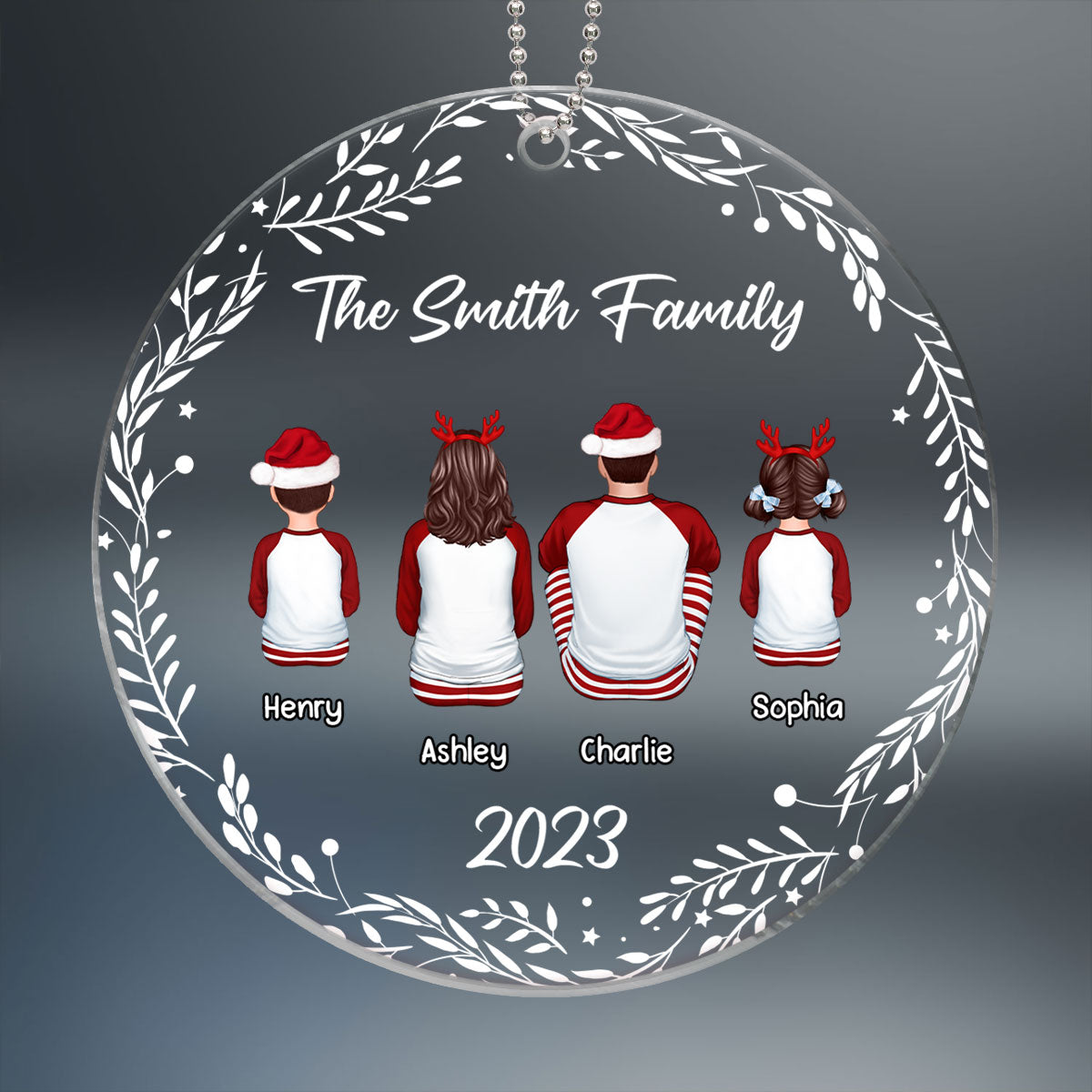 Family Sitting Back View White Frame Personalized Acrylic Ornament