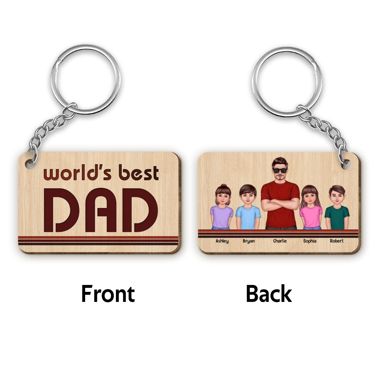 World‘s Best Dad Red Brown Black Line Dad And Kids Standing Front View Personalized Wooden Keychain