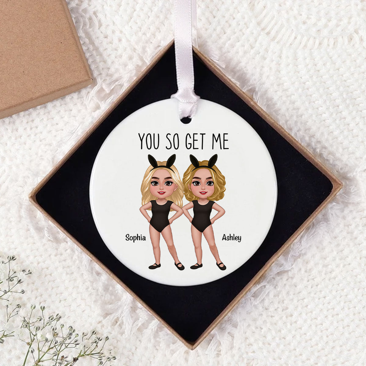 Besties Sisters With Bunny Ears Personalized Circle Ceramic Ornament, Funny Gift for Besties, Friends