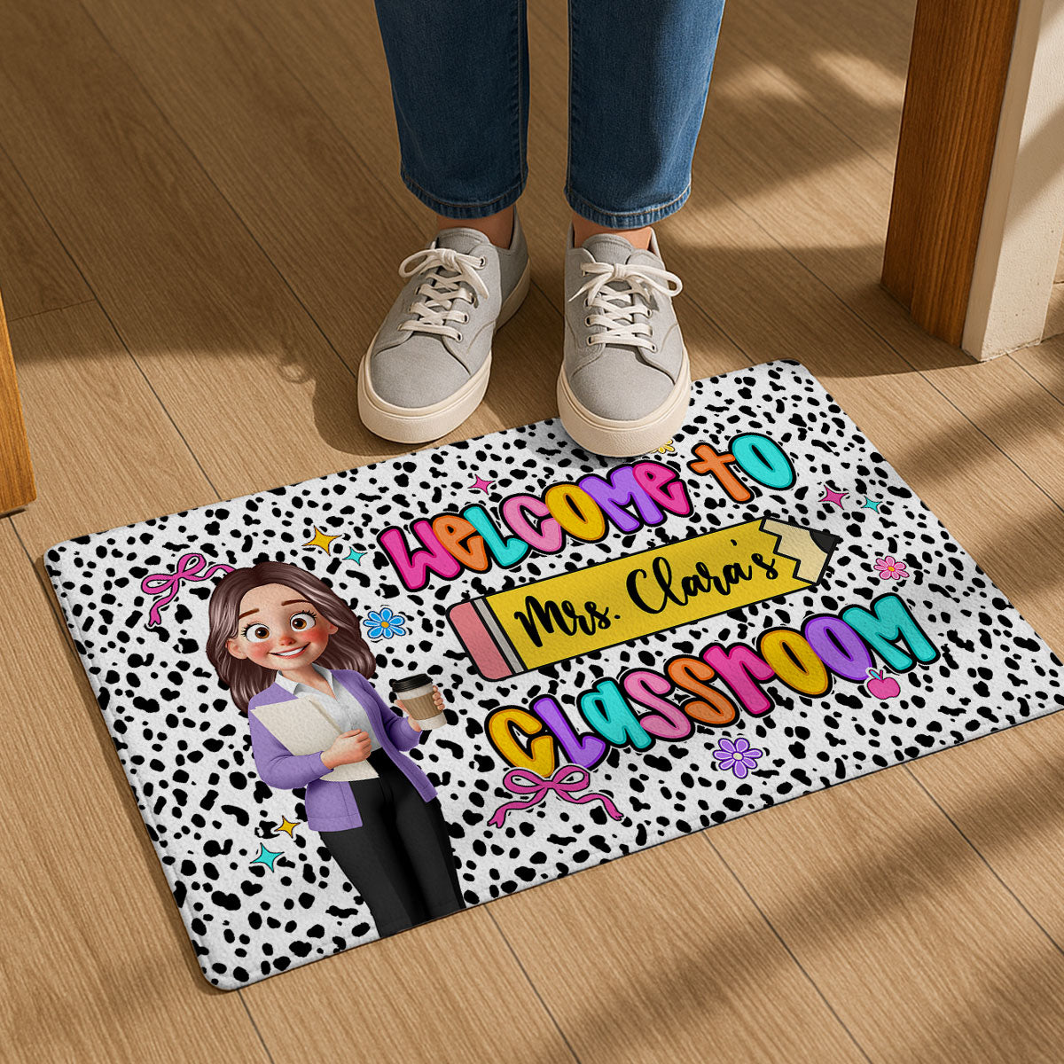 Preppy Style Teacher Happy To See Your Face Personalized Doormat