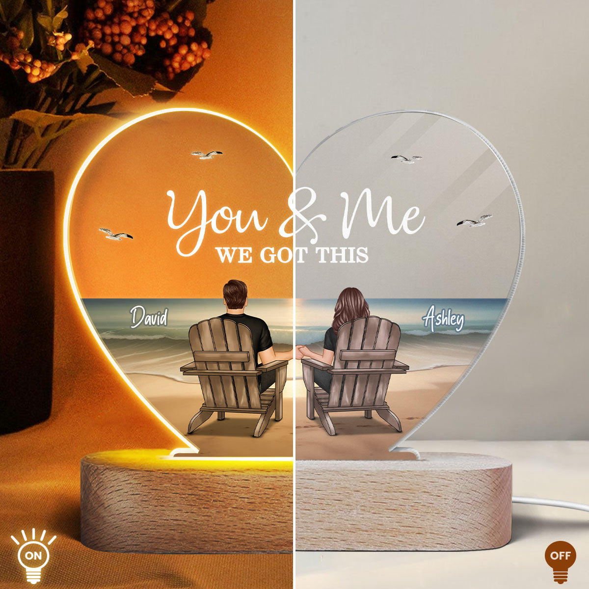 Eternal Beach Landscape Couple Sitting Personalized Heart Acrylic LED Night Light, Heartfelt Gift For Couple, For Him, For Her, Boyfriend, Girlfriend, Husband, Wife