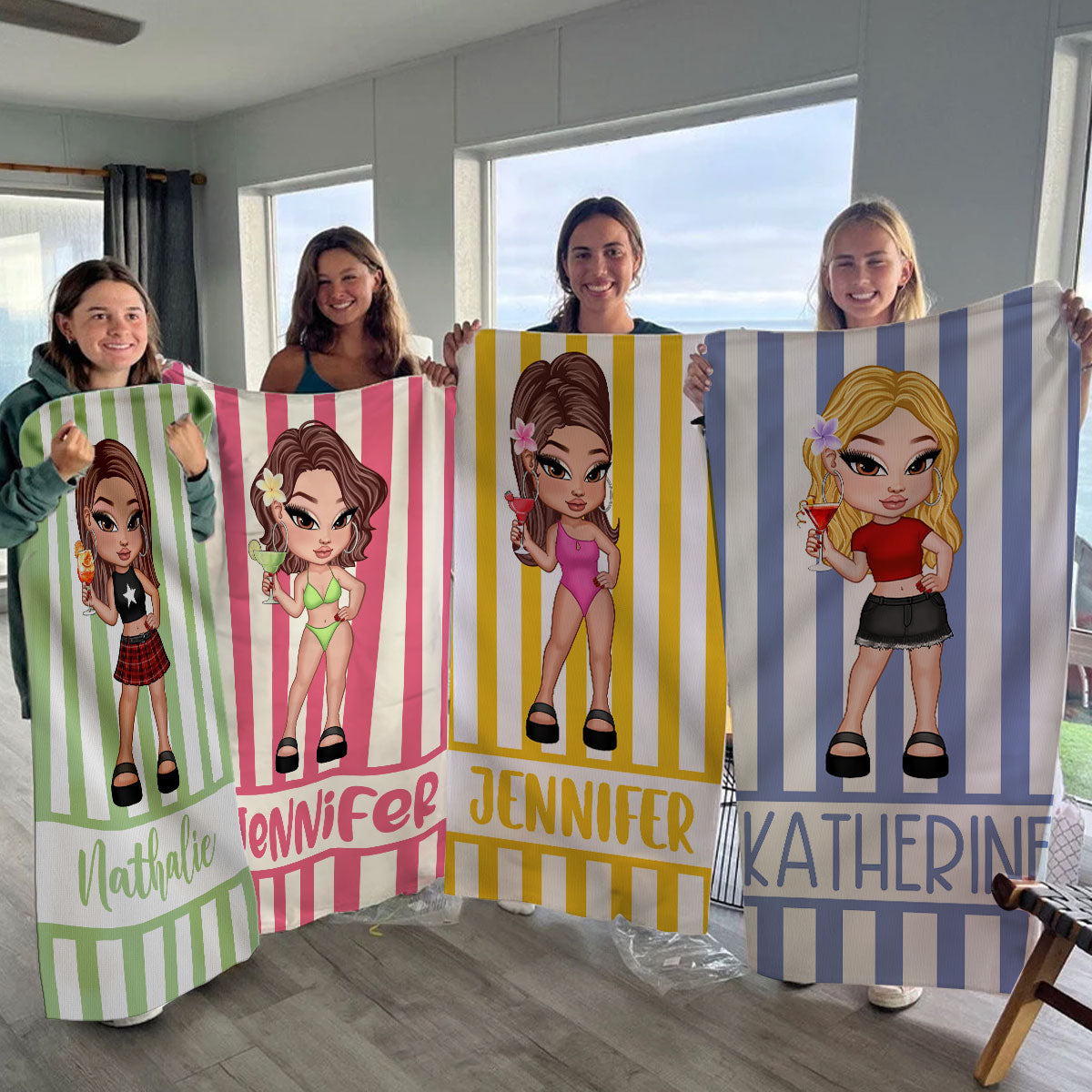 Striped Personalized Beach Towel, Vintage Y2K Bridesmaid Towel, Birthday Vacation Gift, Besties Summer Gift