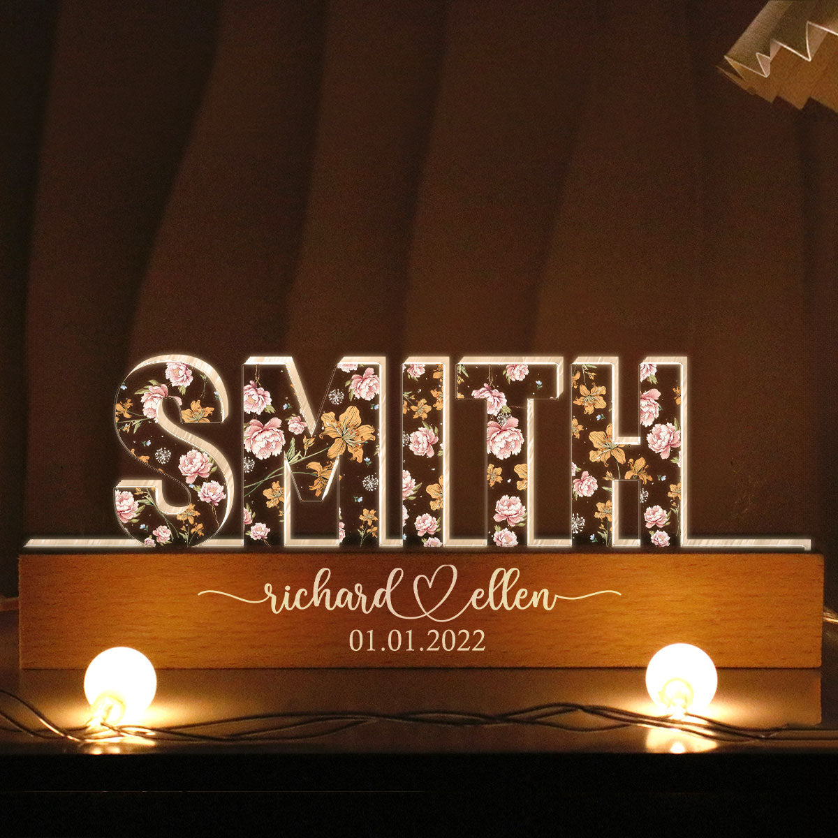 Mr & Mrs Family Name Wedding Anniversary  Gift for her & for him, Custom Flower Printed LED Night Light