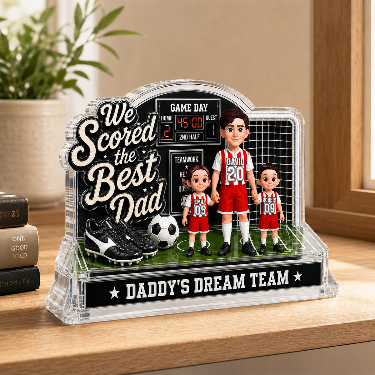 Soccer Dad & Kids On Court 2D Flat - Personalized Acrylic Block Plaque - Father's Day Gift For Soccer Dad, UK Football Dad