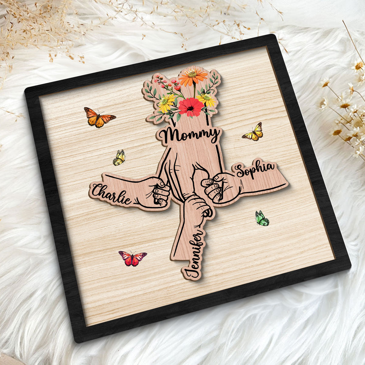 Grandma Mom Kids Hands Flowers Personalized 2-layer Wooden Plaque