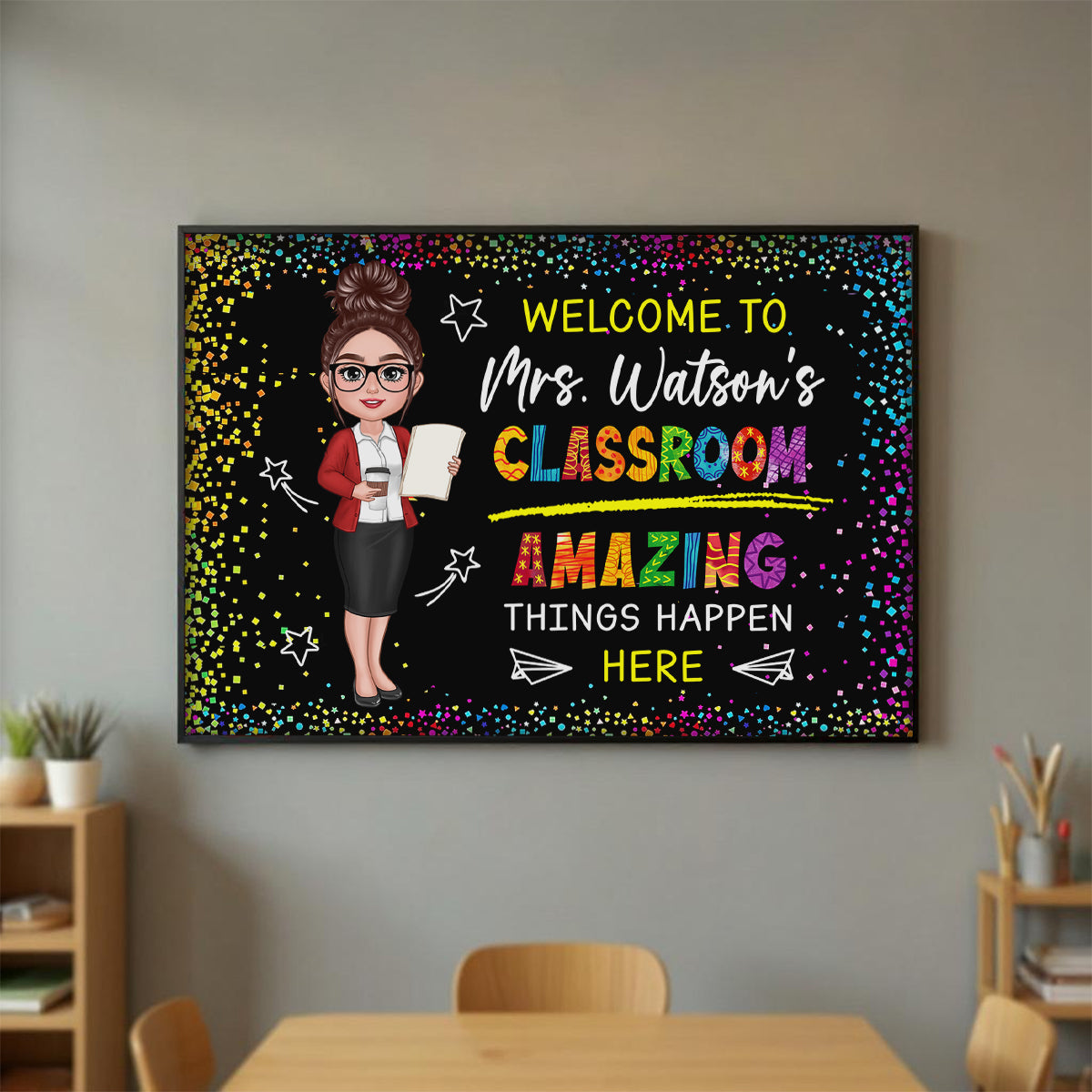 Classroom Amazing Things Happen Here Personalized Motivational Poster, Teacher Classroom Decor