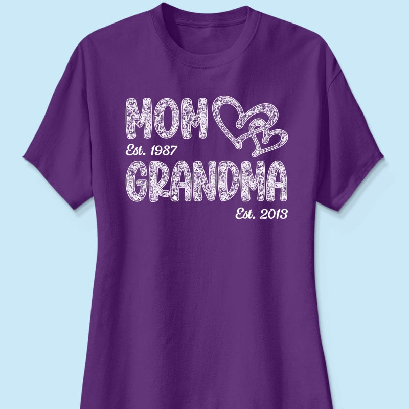 Mom Grandma Lace Pattern Est Year - Personalized Shirt - Gift For Grandma, Mom