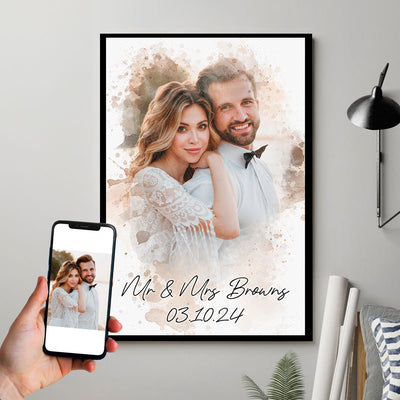 Watercolor Couple Portrait from Photo, Custom Wedding Anniversary Christmas Gift for Wife Husband Parents, Engagement Gift for Friend, Unique Poster Wall Art