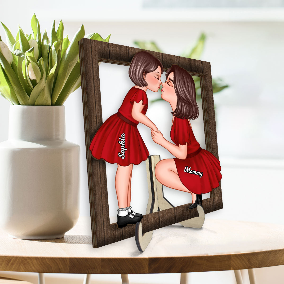 Mom And Kid Holding Hands Kissing Frame Personalized 2-layer Wooden Plaque