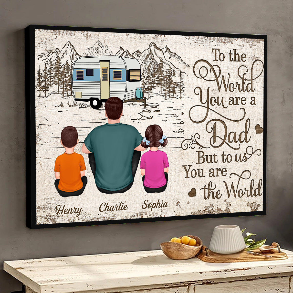 Camping Back View Dad And Kids Dogs Cats Sitting Personalized Horizontal Poster