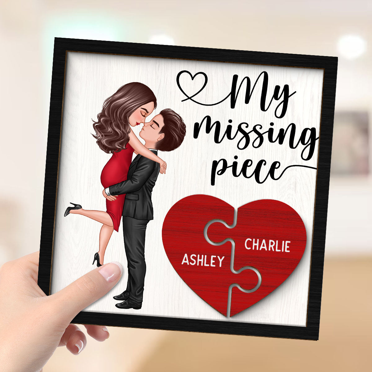 My Missing Piece Doll Couple Hugging Kissing Heart Piece Personalized 2-Layer Wooden Plaque