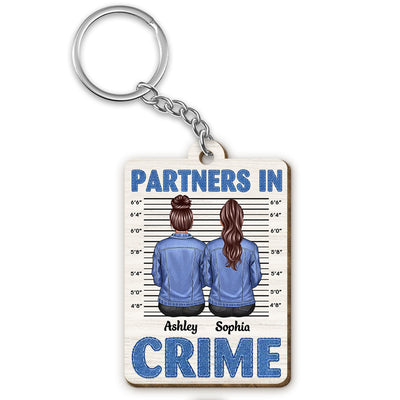 Denim Jacket Besties Sisters Back View Partners In Crime Personalized Wooden Keychain