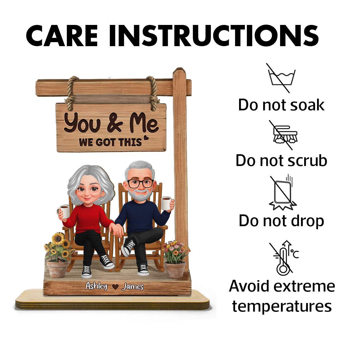 3D Effect Old Couple Sitting Together - Personalized 2-Layered Wooden Plaque - Anniversary, Valentine's Day Gift For Him, Gift For Her