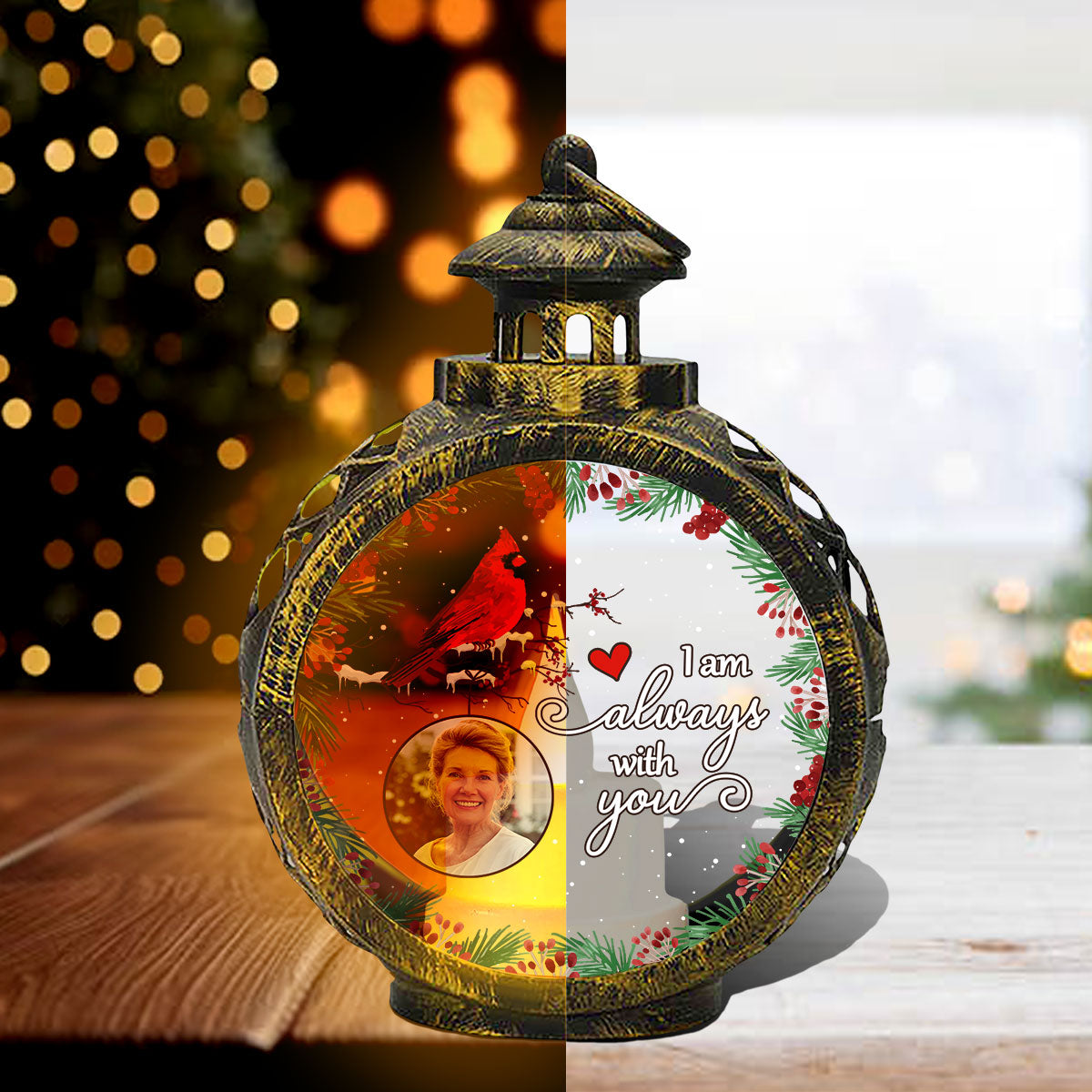 Always With You Holly Branch Cardinal Memorial Photo Upload Personalized Lantern Ornament, Remembrance Gift
