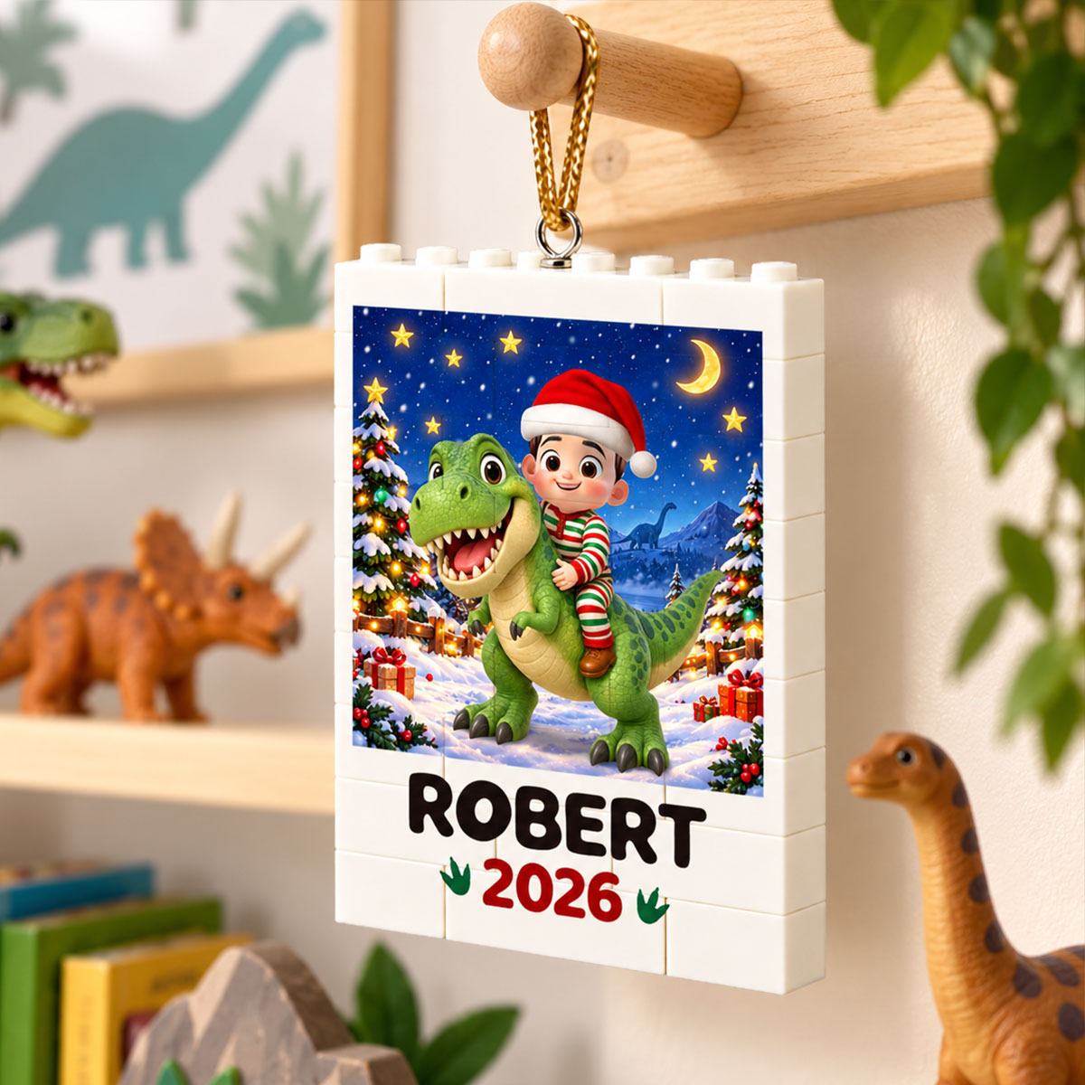 Trending Kid With Dinosaur Design For Boy Girl - Personalized Building Blocks Ornament - Christmas Gift For Grandkids