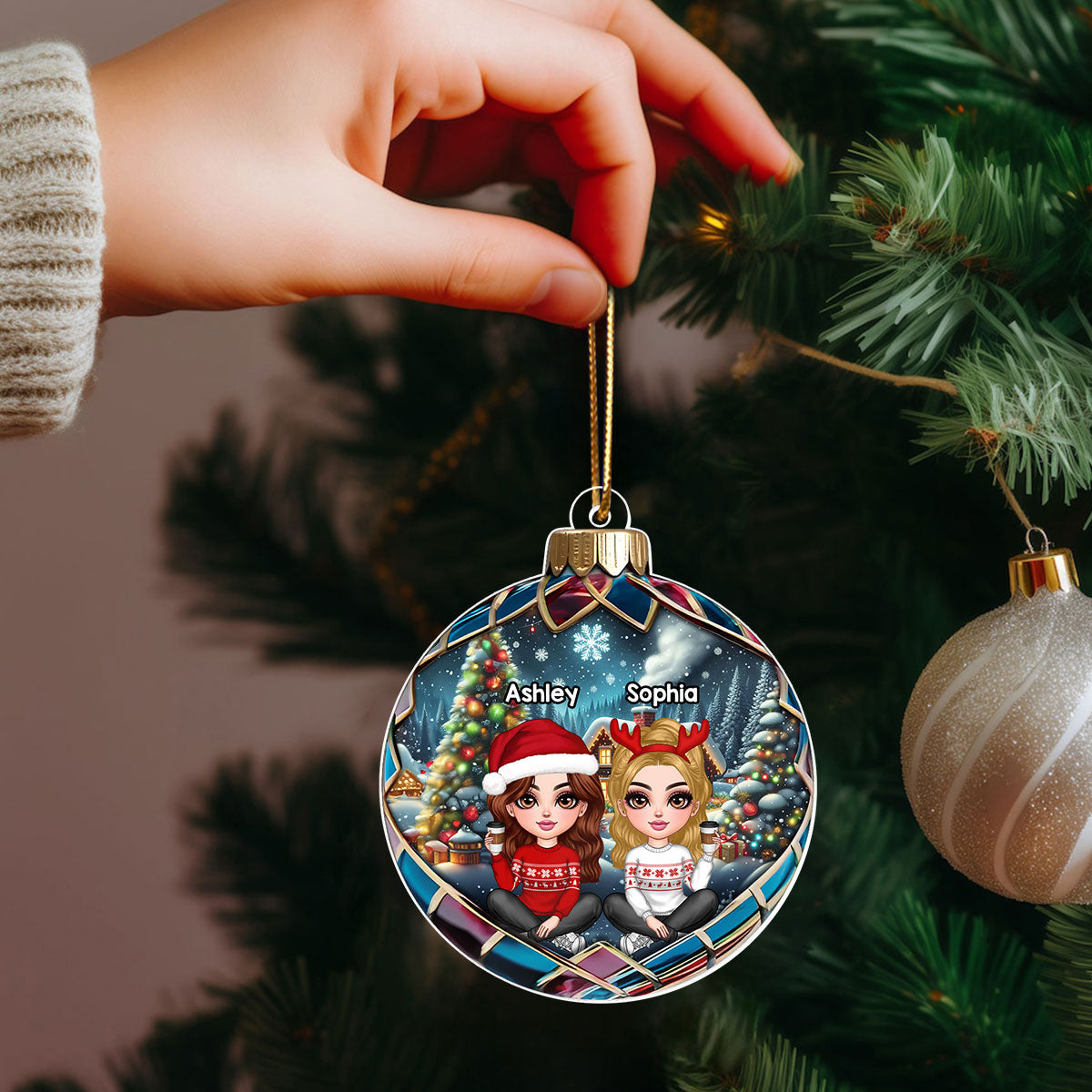 Realistic Christmas Winter Scene Besties Sisters Personalized Acrylic Ornament, Christmas Gift for Besties, Sisters, Friends