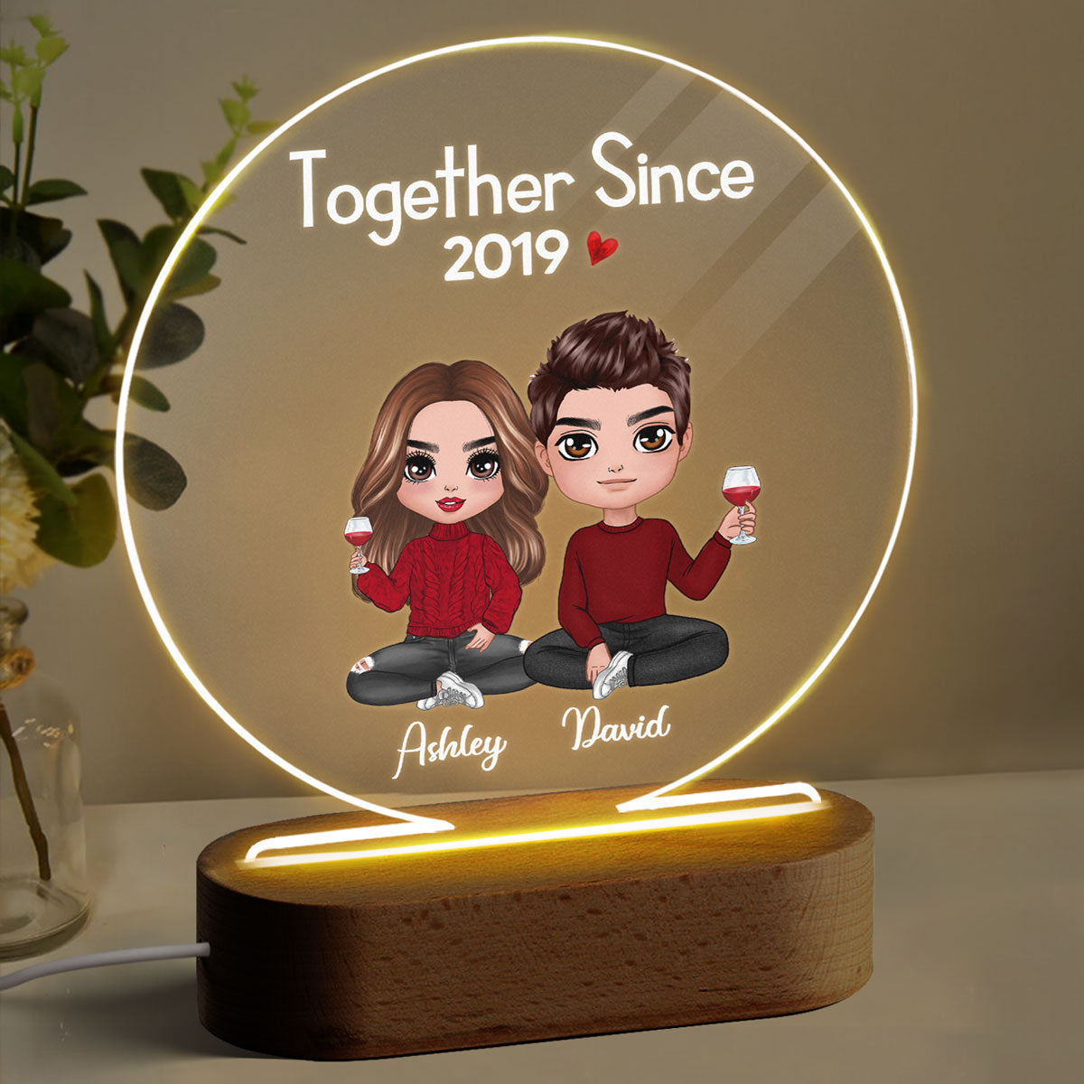 Doll Couple Sitting  Anniversary Gift For Him Gift For Her Personalized Circle Acrylic Plaque LED Lamp Night Light