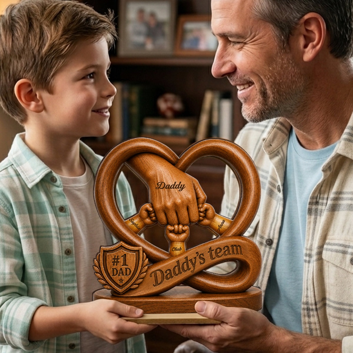 Daddy's Dream Team Fist Bump - Personalized 2-Layered Wooden Plaque - Father's Day Gift for Dad, Husband