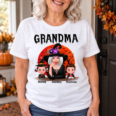 Halloween Moon Grandma Mom Witch With GrandKids Personalized Shirt