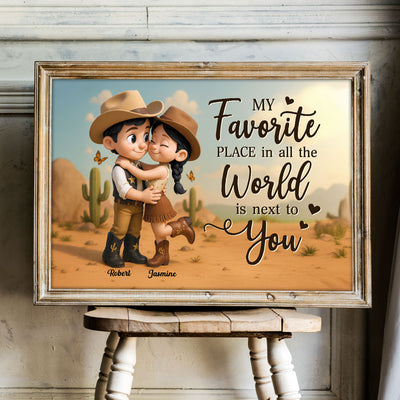 Favorite Place Is Next To You Cartoon Style Countryside Couple Cowboy Cowgirl Home Decor Personalized Poster