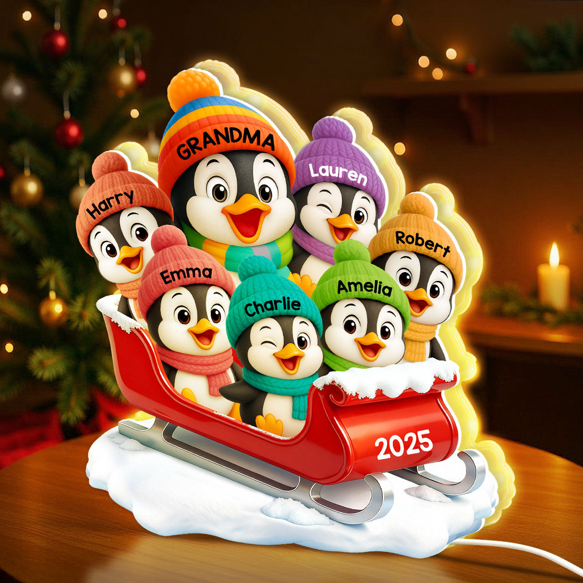 3D Effect Cute Grandma Grandkids Penguin On Sleigh - Personalized Light Box