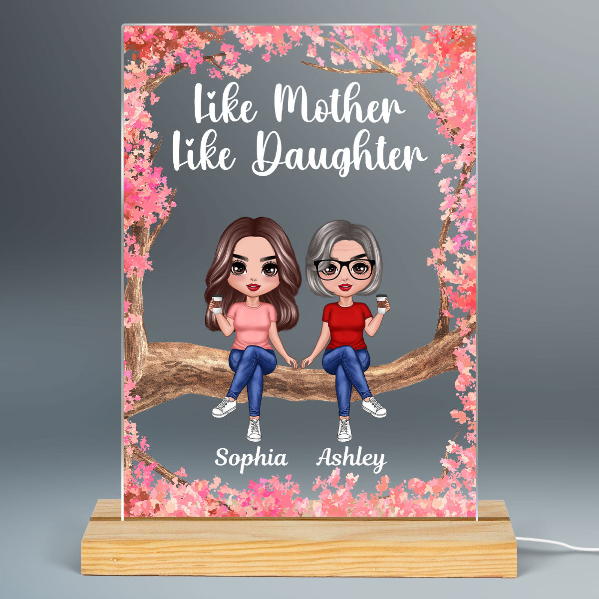 Doll Mother Daughters Sitting On Pink Tree Personalized Rectangle Acrylic LED Night Light