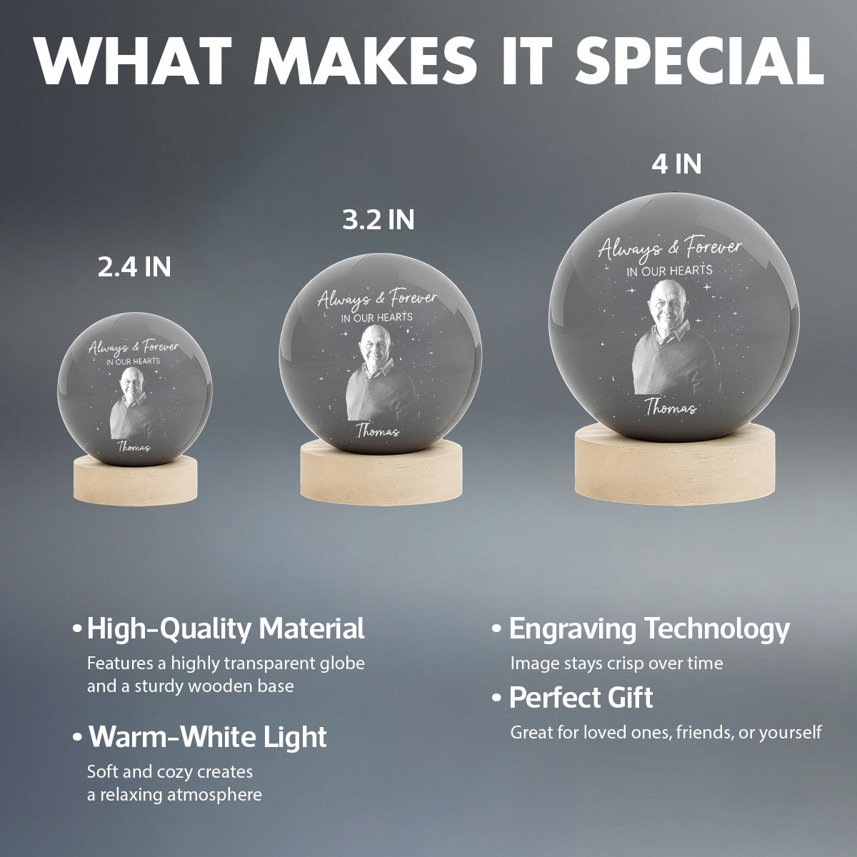 Custom Photo Engraved - Personalized Crystal Ball LED Night Light - Memorial Remembrance Keepsake