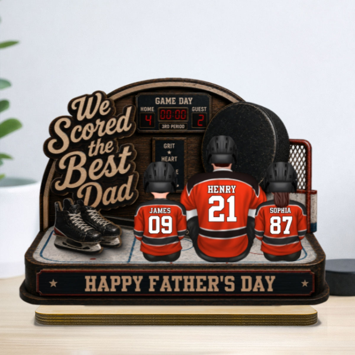 Hockey Dad & Kids Sitting On Court 2D Flat - Personalized 2-Layered Wooden Plaque - Father's Day Gift For Hockey Dad