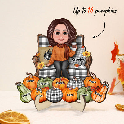 Grandma Sitting On Chair Pumpkins - Personalized 2-Layered Wooden Plaque