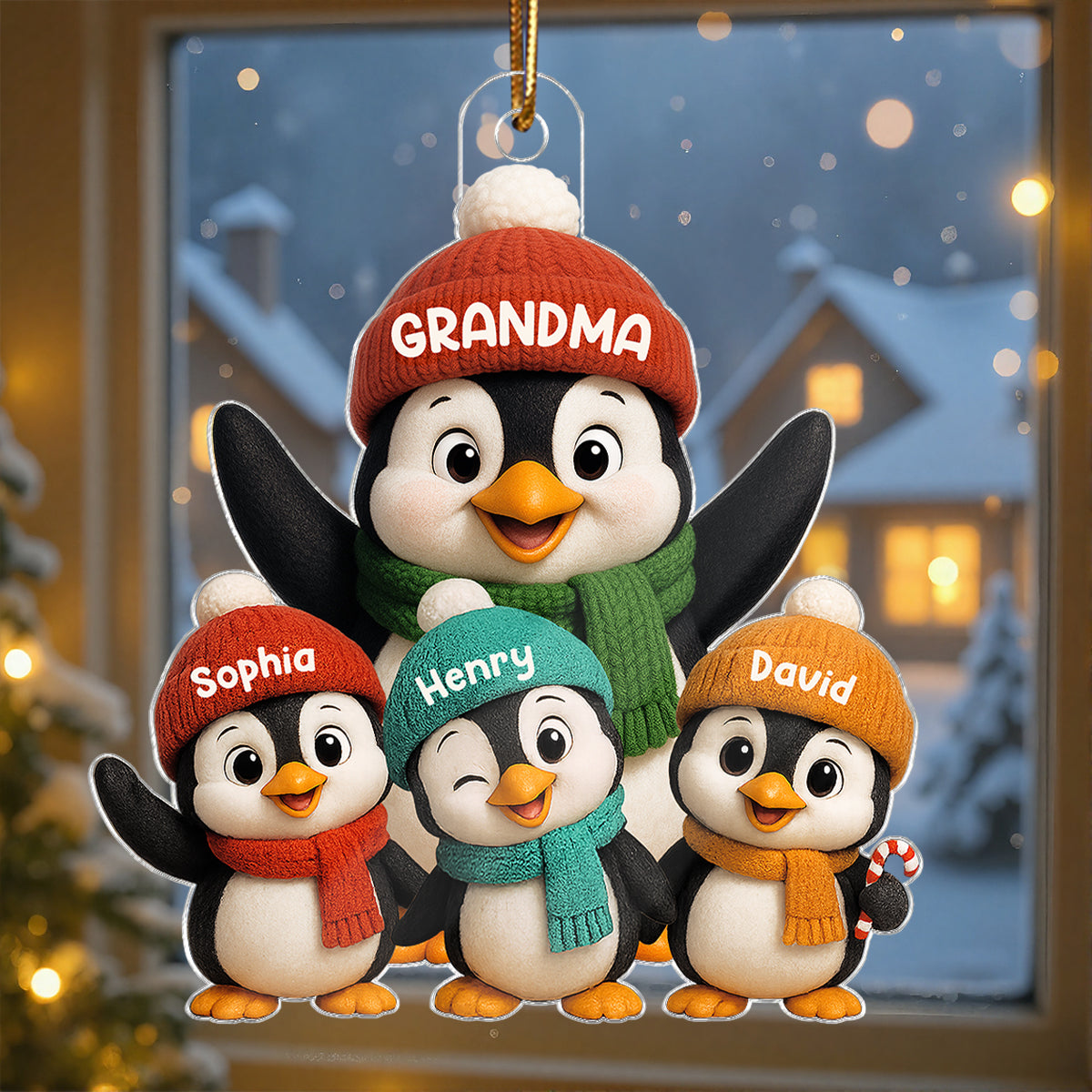 3D Effect Cute Christmas Penguins Grandma Grandkids - Personalized Acrylic Ornament