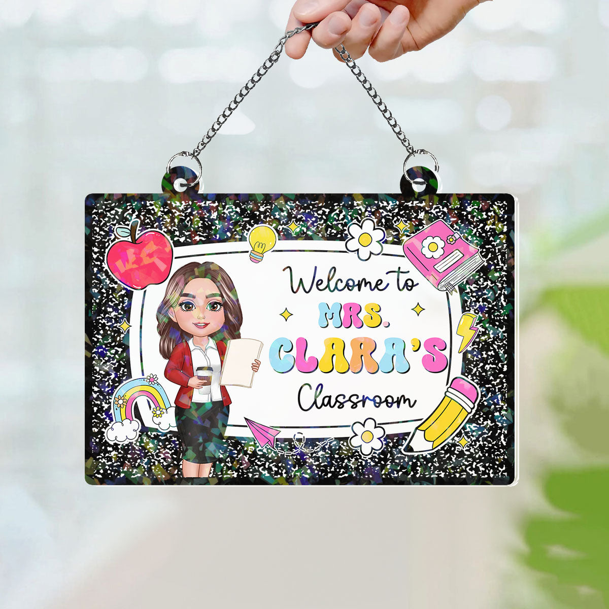 Teacher Composition Book Pattern Personalized Hologram Window Decor, Classroom Decor, Back To School Gift